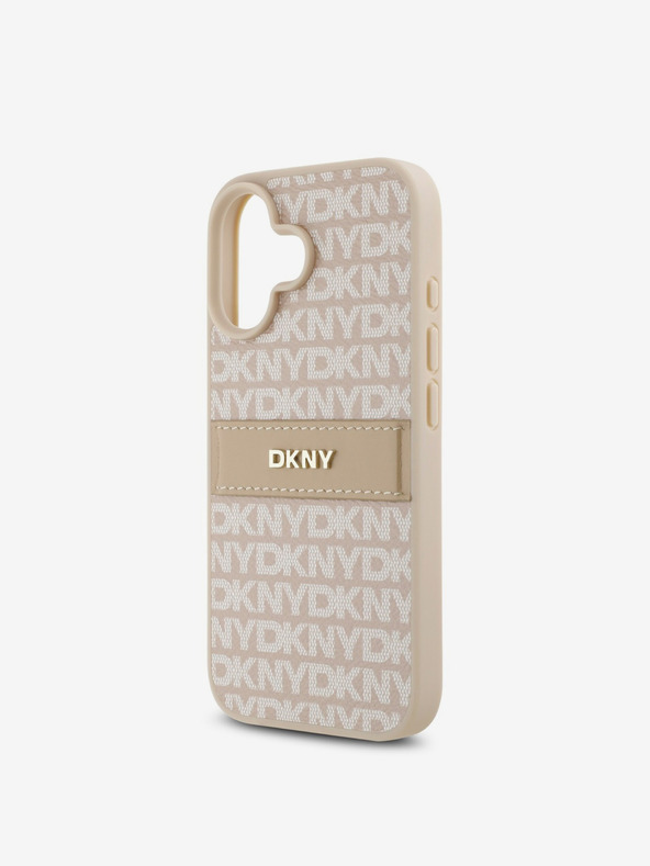 DKNY DKNY PU bőr ismétlődő mintás, tónusos csíkos hátlapi borító iPhone 16 Plus rózsaszínhez