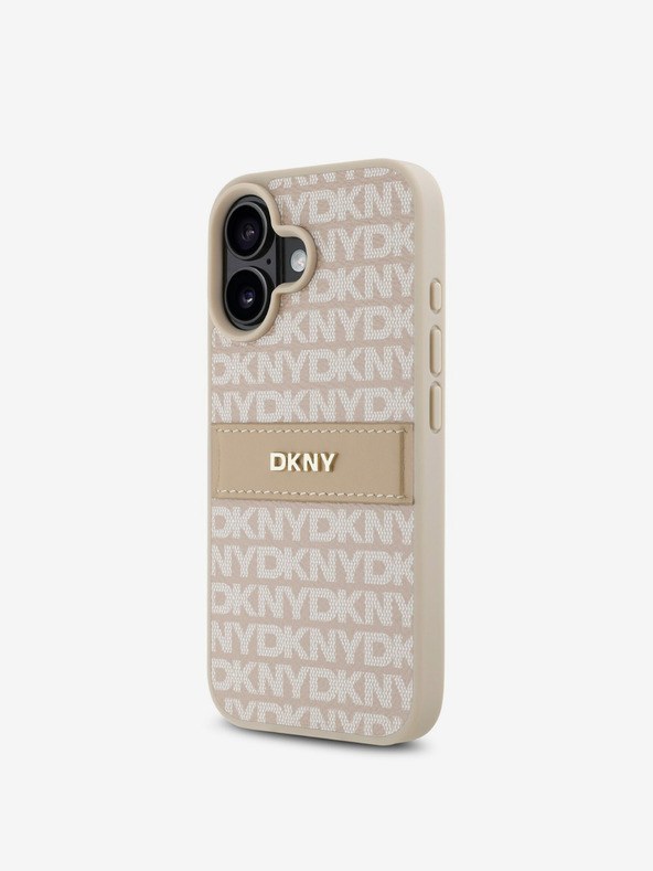 DKNY DKNY PU bőr ismétlődő mintás, tónusos csíkos hátlapi borító iPhone 16-hoz Rózsaszín