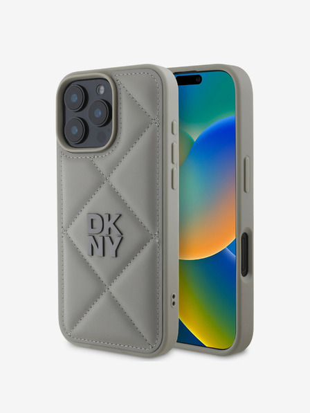 DKNY DKNY PU bőr steppelt steppelt Stack logós hátlap iPhone 16 Pro szürke készülékhez