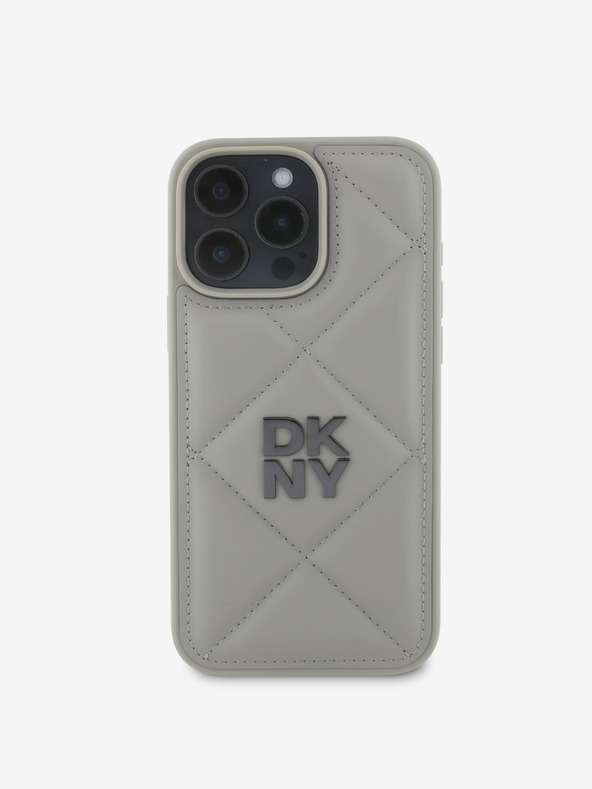 DKNY DKNY PU bőr steppelt steppelt Stack logós hátlap iPhone 16 Pro szürke készülékhez