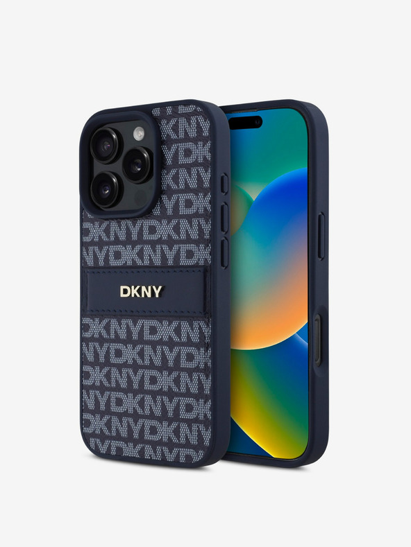 DKNY DKNY PU bőr ismétlődő mintás, tónusos csíkos hátlapi borító iPhone 16 Pro készülékhez Kék