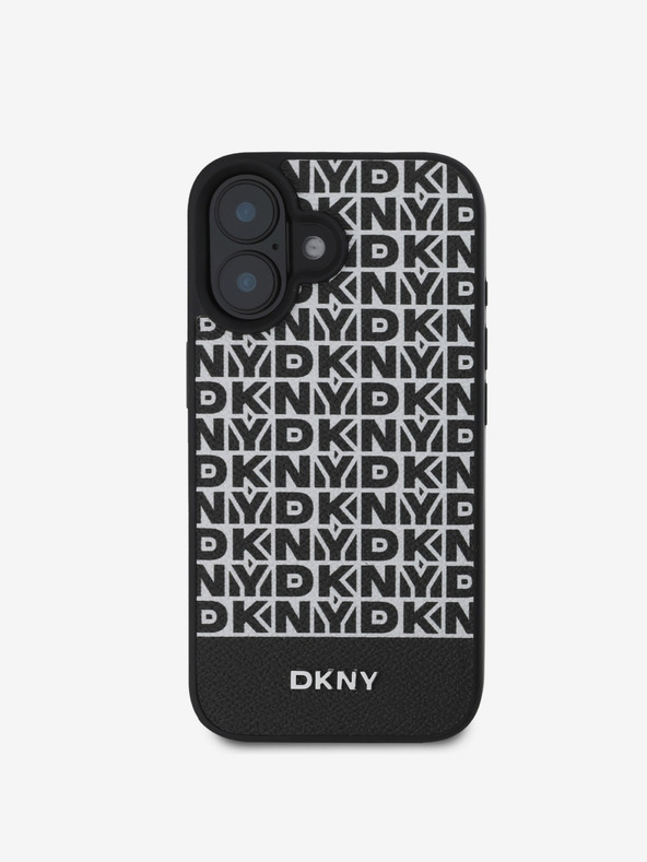 DKNY PU Leather Repeat Pattern Bottom Stripe MagSafe Zadní Kryt pro iPhone 16 Black Telefontok