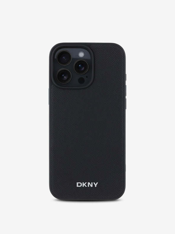 DKNY DKNY PU bőr ezüst fém logós Magsafe hátlap iPhone 16 Pro fekete iPhone 16 Pro Max Maxhoz