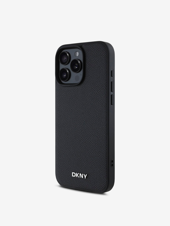 DKNY DKNY PU bőr ezüst fém logós Magsafe hátlap iPhone 16 Pro fekete iPhone 16 Pro Max Maxhoz