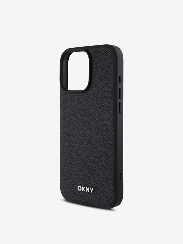 DKNY DKNY PU bőr ezüst fém logós Magsafe hátlap iPhone 16 Pro fekete iPhone 16 Pro Max Maxhoz