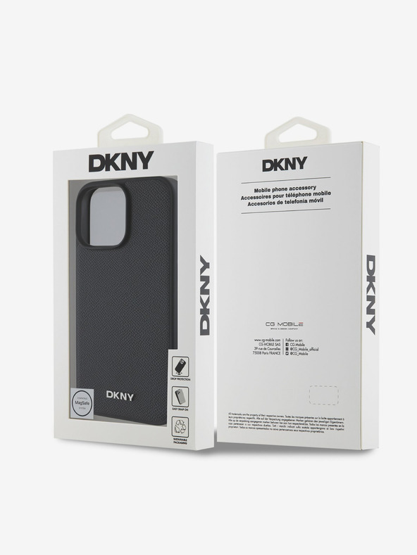 DKNY DKNY PU bőr ezüst fém logós Magsafe hátlap iPhone 16 Pro fekete iPhone 16 Pro Max Maxhoz