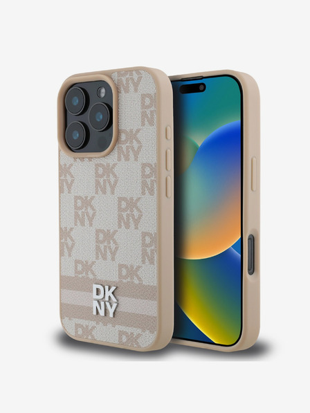 DKNY DKNY PU bőrből készült kockás mintás és csíkos hátlapi borító iPhone 16 Pro Max készülékhez Rózsaszín