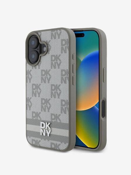 DKNY DKNY PU bőrből készült kockás mintás és csíkos hátlapi borító iPhone 16 bézs színű készülékhez