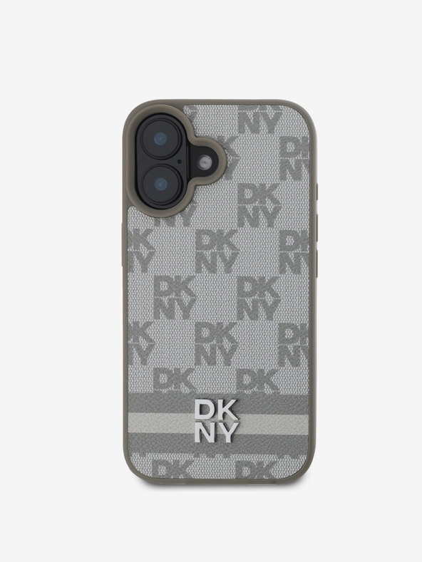 DKNY DKNY PU bőrből készült kockás mintás és csíkos hátlapi borító iPhone 16 bézs színű készülékhez
