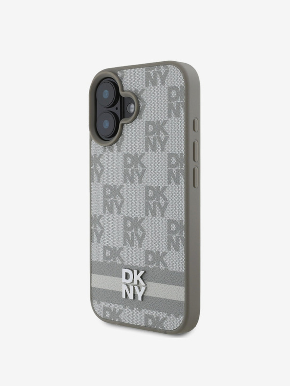 DKNY DKNY PU bőrből készült kockás mintás és csíkos hátlapi borító iPhone 16 bézs színű készülékhez