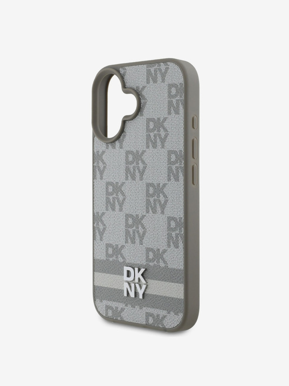 DKNY DKNY PU bőrből készült kockás mintás és csíkos hátlapi borító iPhone 16 bézs színű készülékhez