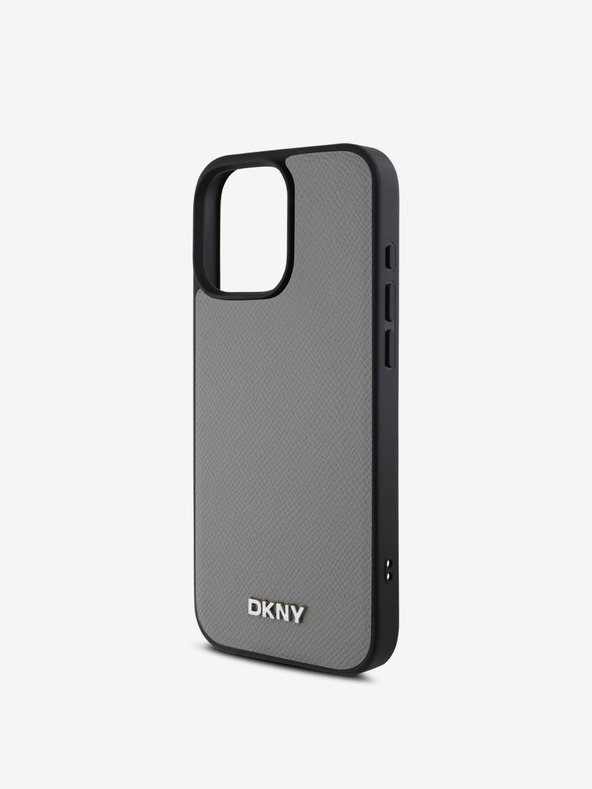 DKNY DKNY PU-bőr ezüst fém logós Magsafe hátlap iPhone 16 Pro Max szürke szürke iPhone 16 Pro Pro Max készülékhez