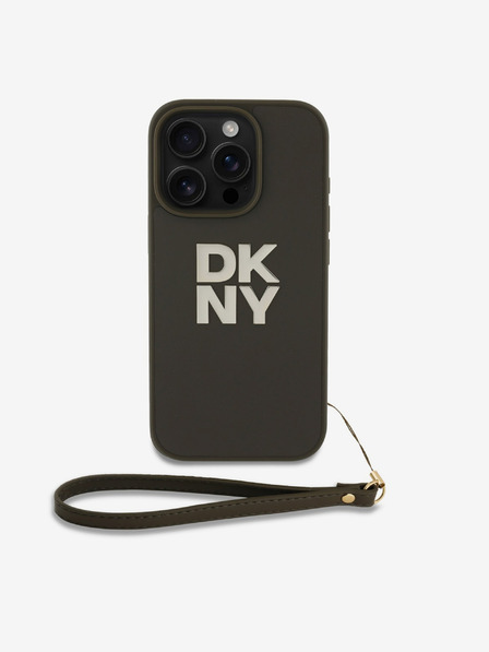 DKNY PU Leather Stack Logo Wrist Strap Zadní Kryt pro iPhone 16 Pro Max Green Telefontok