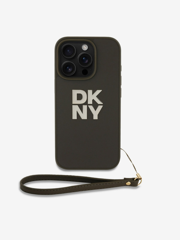 DKNY PU Leather Stack Logo Wrist Strap Zadní Kryt pro iPhone 16 Pro Max Green Telefontok