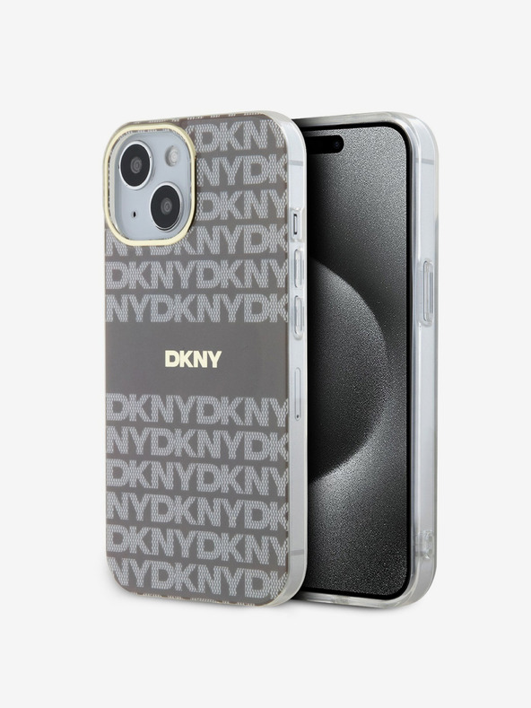 DKNY PC/TPU ismétlődő mintás, tónusos csíkos Magsafe hátlap iPhone 15 bézs DKNY