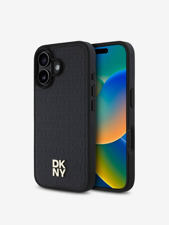 DKNY DKNY PU bőr ismétlődő mintás Stack Logo MagSafe hátlap iPhone 16 Plus-hoz Fekete