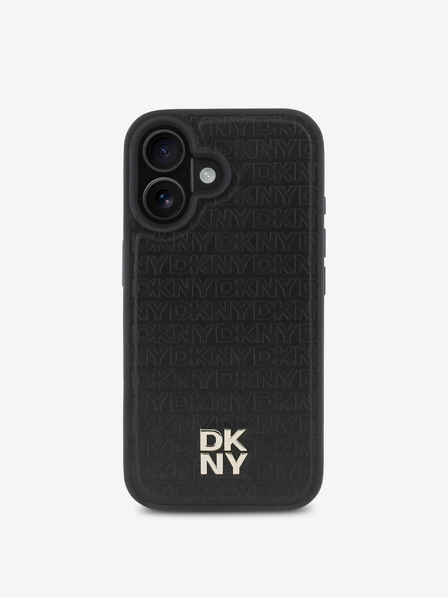DKNY DKNY PU bőr ismétlődő mintás Stack Logo MagSafe hátlap iPhone 16 Plus-hoz Fekete