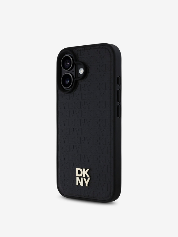 DKNY DKNY PU bőr ismétlődő mintás Stack Logo MagSafe hátlap iPhone 16 Plus-hoz Fekete