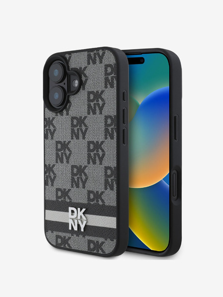 DKNY DKNY PU bőr kockás mintás és csíkos hátlapi borító iPhone 16-hoz Fekete