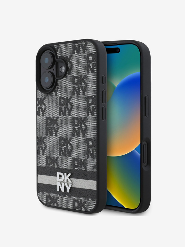 DKNY DKNY PU bőr kockás mintás és csíkos hátlapi borító iPhone 16-hoz Fekete