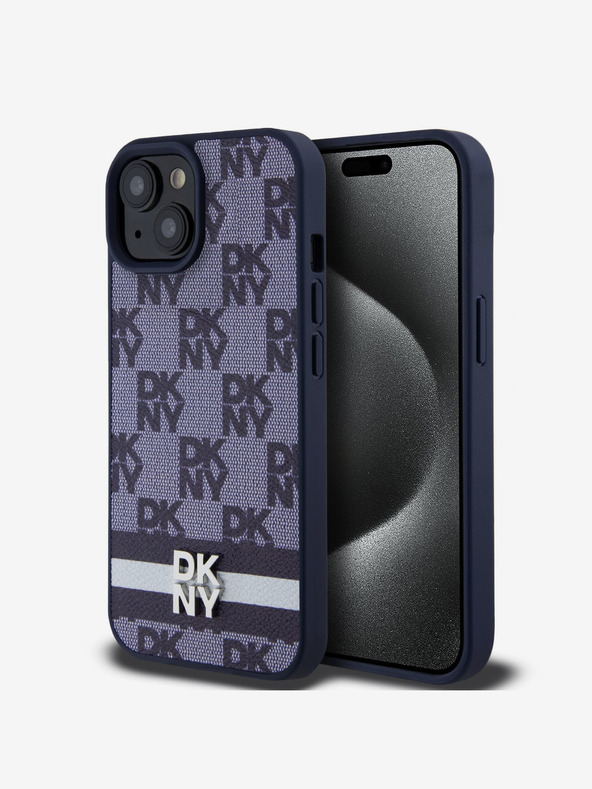 DKNY DKNY PU-bőrből készült kockás mintás és csíkos hátlap iPhone 15 készülékhez Kék