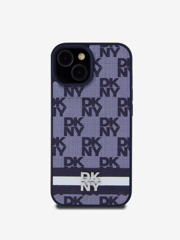 DKNY DKNY PU-bőrből készült kockás mintás és csíkos hátlap iPhone 15 készülékhez Kék