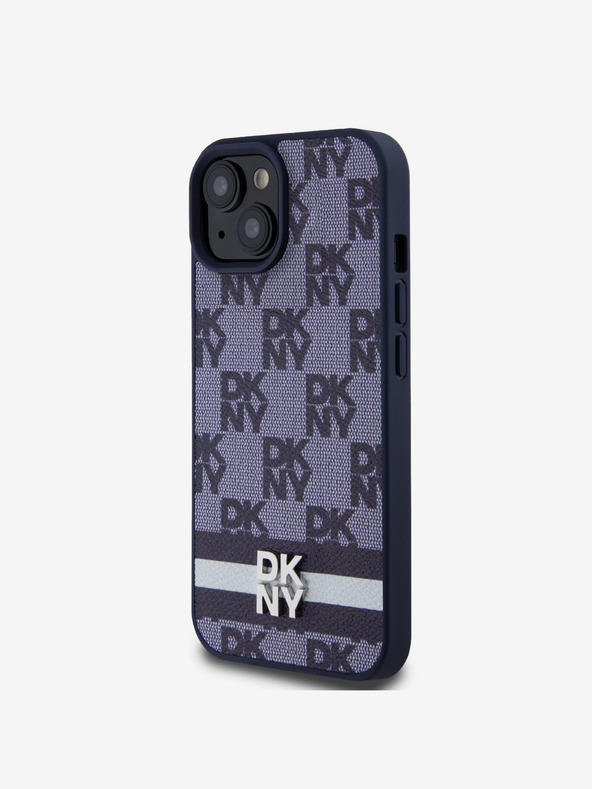 DKNY DKNY PU-bőrből készült kockás mintás és csíkos hátlap iPhone 15 készülékhez Kék