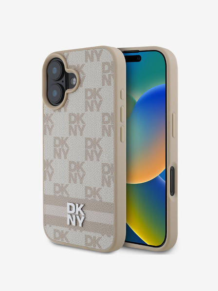 DKNY DKNY PU bőr kockás mintás és csíkos hátlapi borító iPhone 16 rózsaszínhez