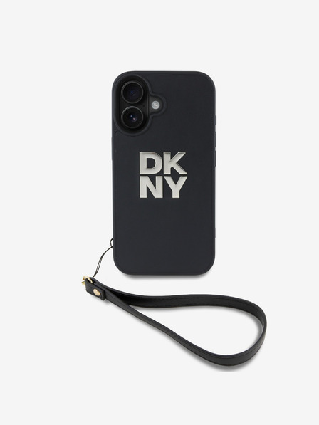DKNY DKNY PU bőr Stack logós csuklópántos hátlap iPhone 16-hoz Fekete