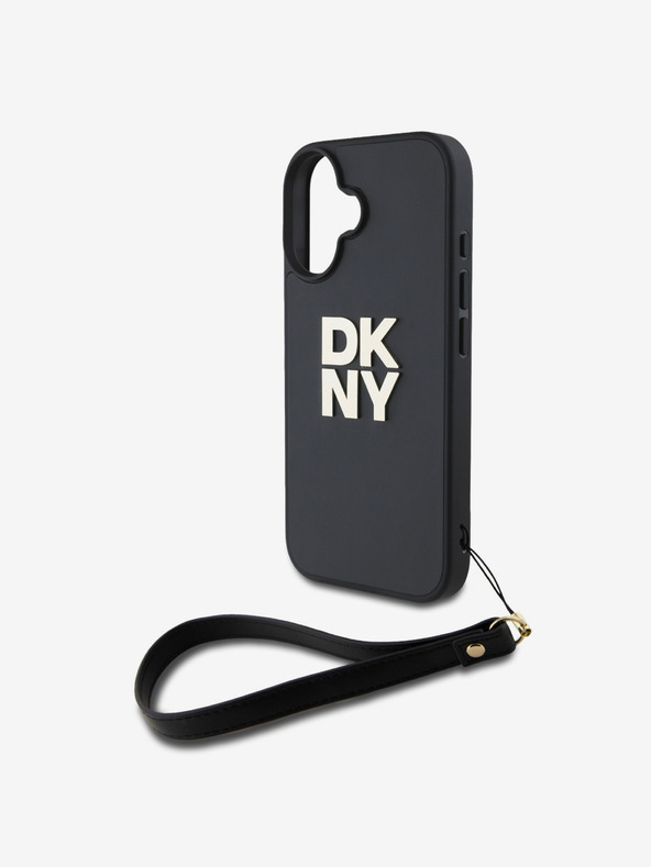 DKNY DKNY PU bőr Stack logós csuklópántos hátlap iPhone 16-hoz Fekete