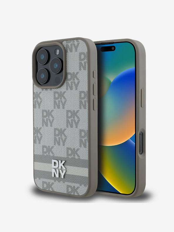 DKNY DKNY PU bőrből készült kockás mintás és csíkos hátlapi borító iPhone 16 Pro Max készülékhez Bézs színű