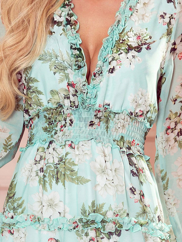 numoco Sifon ruha fodrokkal és széles elasztikus pánttal - virágok zöld alapon Numoco