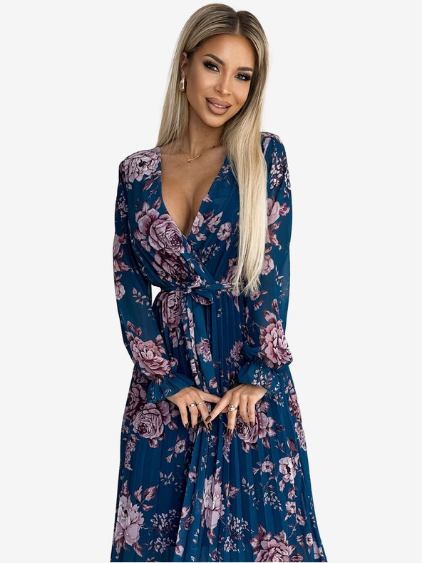 numoco Hosszú, rakott sifonból készült, hosszú ujjú, hosszú nyakkivágású ruha övvel - kék, virágokkal Numoco