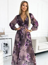 numoco Hosszú, pliszírozott sifon ruha nyakkivágással, hosszú ujjakkal és széles övvel - lila nagy virágok Numoco