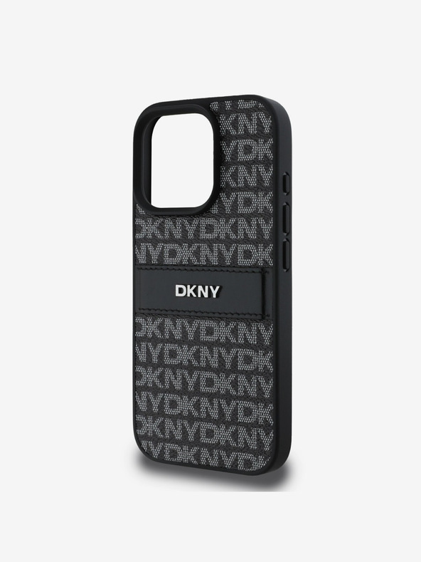 DKNY DKNY PU-bőr ismétlődő mintás, tónusos csíkos hátlapi borító iPhone 16 Pro Max-hoz Fekete
