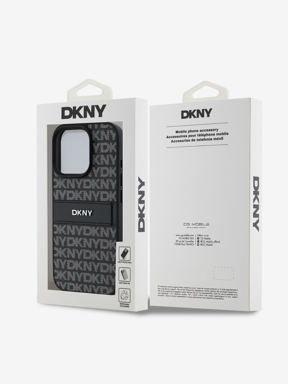 DKNY DKNY PU-bőr ismétlődő mintás, tónusos csíkos hátlapi borító iPhone 16 Pro Max-hoz Fekete