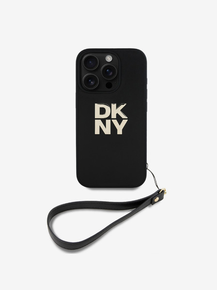 DKNY DKNY PU-bőr Stack Logo csuklópántos hátlapi borító iPhone 16 Pro Fekete