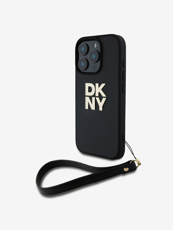 DKNY DKNY PU-bőr Stack Logo csuklópántos hátlapi borító iPhone 16 Pro Fekete