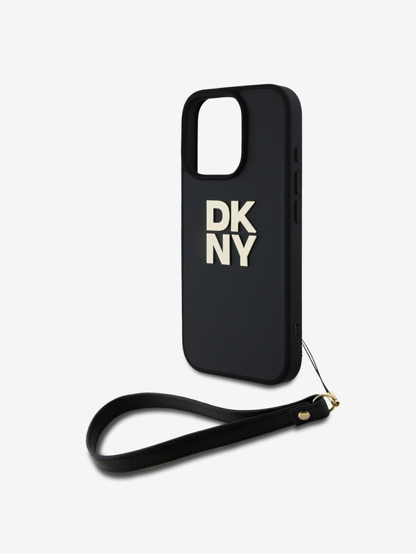 DKNY DKNY PU-bőr Stack Logo csuklópántos hátlapi borító iPhone 16 Pro Fekete