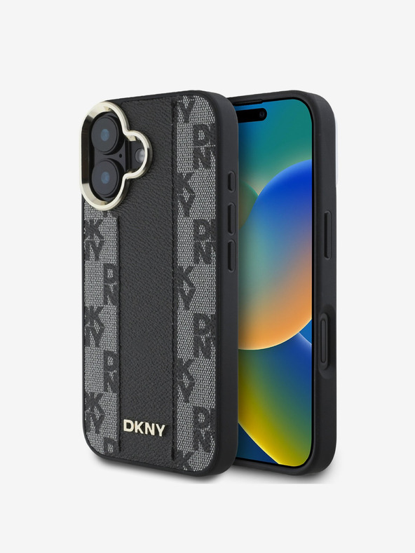DKNY DKNY PU bőr kockás mintás Magsafe hátlapi borító iPhone 16-hoz Fekete