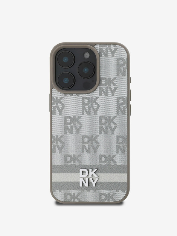 DKNY DKNY PU bőrből készült kockás mintás és csíkos hátlapi borító iPhone 16 Pro bézs színű készülékhez