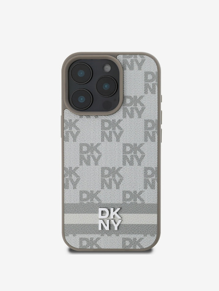 DKNY DKNY PU bőrből készült kockás mintás és csíkos hátlapi borító iPhone 16 Pro bézs színű készülékhez