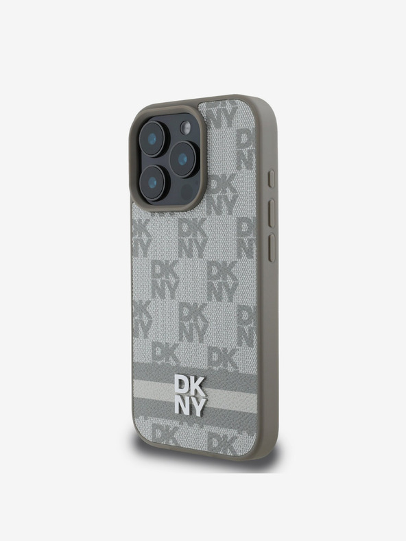 DKNY DKNY PU bőrből készült kockás mintás és csíkos hátlapi borító iPhone 16 Pro bézs színű készülékhez
