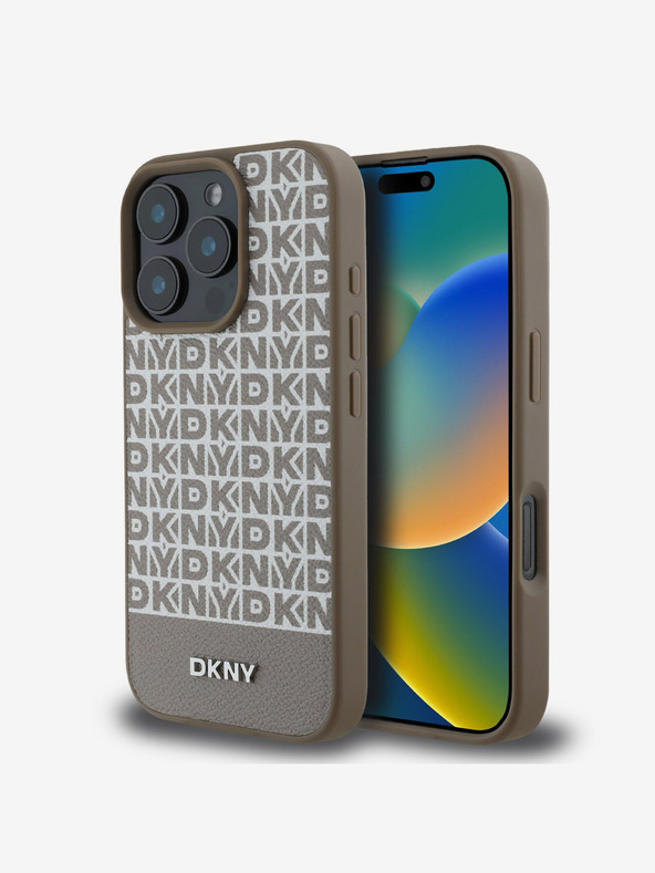 DKNY DKNY PU bőr ismétlődő mintás alsó csíkos MagSafe hátlap iPhone 16 Pro készülékhez Barna