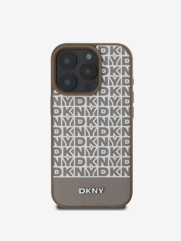 DKNY DKNY PU bőr ismétlődő mintás alsó csíkos MagSafe hátlap iPhone 16 Pro készülékhez Barna