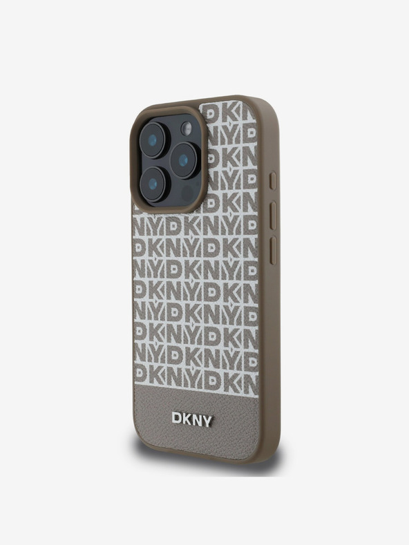 DKNY DKNY PU bőr ismétlődő mintás alsó csíkos MagSafe hátlap iPhone 16 Pro készülékhez Barna