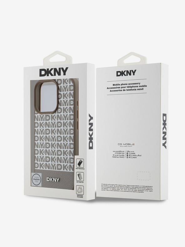DKNY DKNY PU bőr ismétlődő mintás alsó csíkos MagSafe hátlap iPhone 16 Pro készülékhez Barna