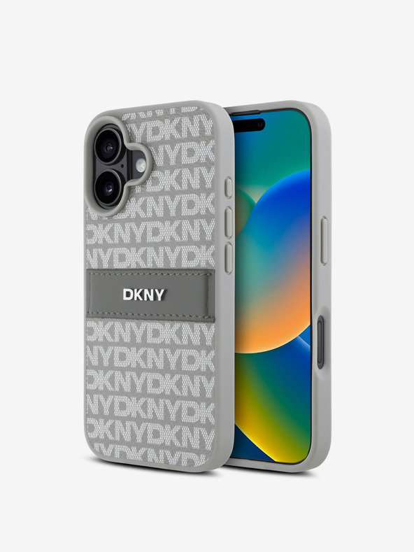 DKNY DKNY PU bőr ismétlődő mintás, tónusos csíkos hátlapi borító iPhone 16 bézs színű készülékhez