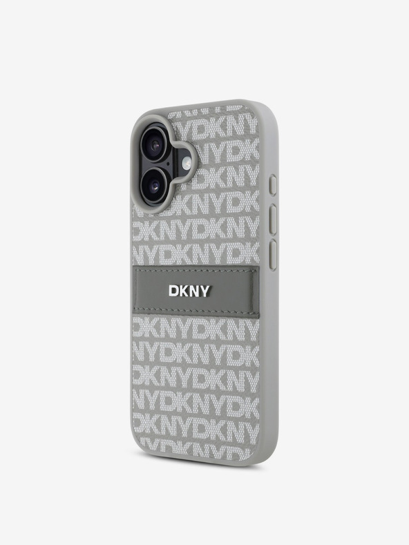 DKNY DKNY PU bőr ismétlődő mintás, tónusos csíkos hátlapi borító iPhone 16 bézs színű készülékhez