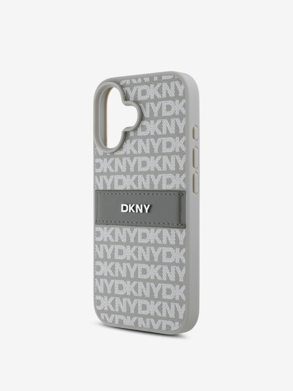 DKNY DKNY PU bőr ismétlődő mintás, tónusos csíkos hátlapi borító iPhone 16 bézs színű készülékhez
